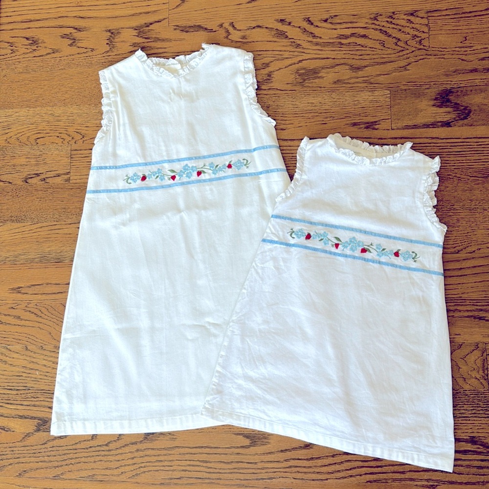 White Embroidered Sleeveless Kids Dress with Blue Trim